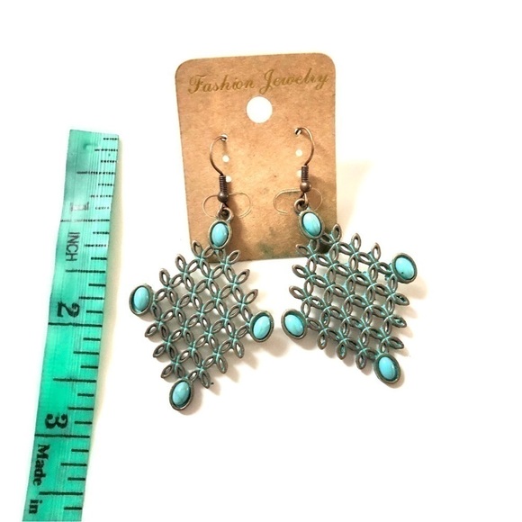 Vintage Style Bronze & Blue Tone Diamond Shaped Earrings - Picture 6 of 7
